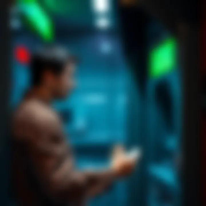 A person at an ATM withdrawing cash, showing frustration due to the absence of a withdrawal button