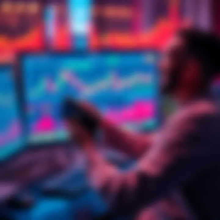 A person happily transferring cryptocurrency funds from their digital wallet to a bank account, with a computer and financial charts in the background.