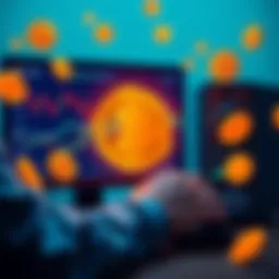 A person using a computer to transfer Bitcoin from an exchange to a hardware wallet, with Bitcoin symbols around.