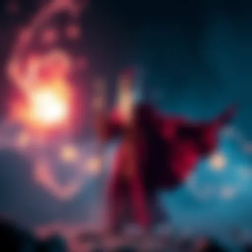 A wizard in a flowing robe stands with a staff, casting a vibrant spell surrounded by magical symbols.