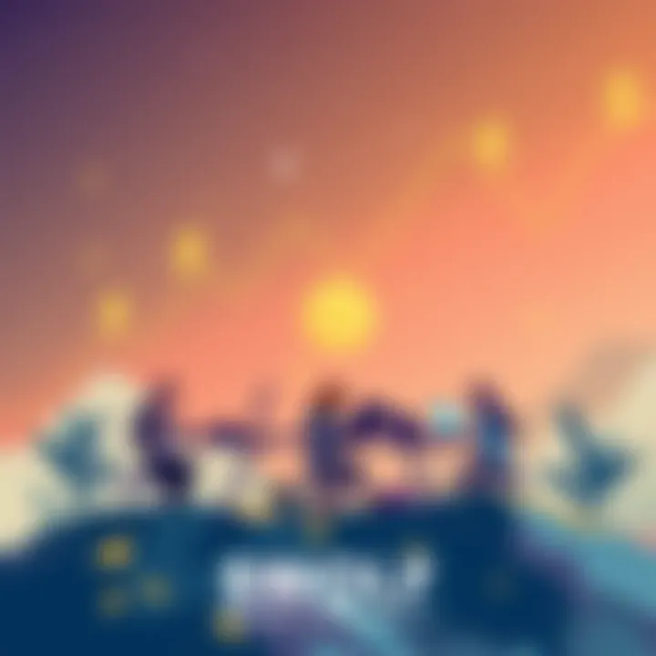 An illustration showing a team working on charity initiatives with a backdrop of financial growth symbols, representing the $WOLF project making strides in the community and the market.