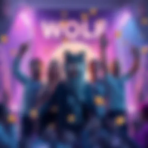 WOLF team members celebrating recent advancements in their dApp launch, with banners and tokens in the background