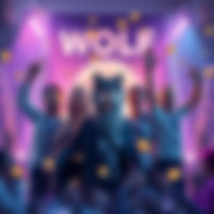 WOLF team members celebrating recent advancements in their dApp launch, with banners and tokens in the background