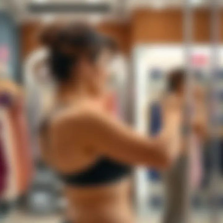 Woman fitting a padded bra in a store A woman trying on a padded bra in a fitting room, looking at herself in the mirror while adjusting the straps for comfort and fit.
