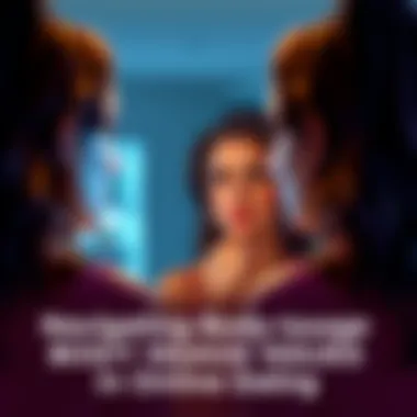A woman gazes at her reflection in a mirror, appearing thoughtful and concerned about her body image while preparing for a date.