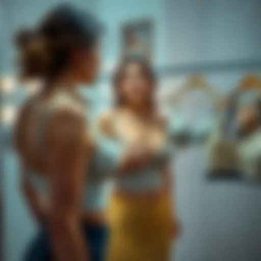 Woman trying on different bras A woman stands in a brightly lit dressing room, examining herself in a mirror while trying on various bras of different sizes and styles, looking thoughtful about fit and comfort.
