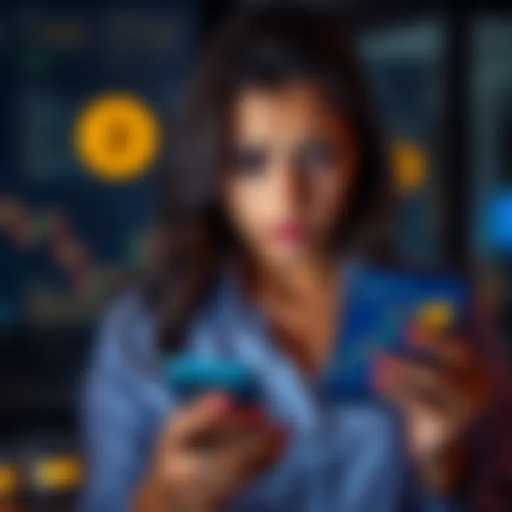 A worried woman examining a Bitcoin investment chart while holding her phone, expressing doubt about her friend's advice.