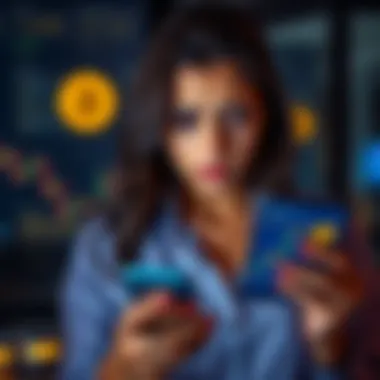 Concerned woman looking at a Bitcoin chart A worried woman examining a Bitcoin investment chart while holding her phone, expressing doubt about her friend's advice.