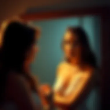 Woman looking in the mirror A woman examines her reflection, displaying mixed emotions about her body image and breast size.