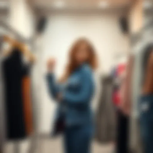 A woman stands in a fitting room, holding different sizes of clothing, looking frustrated while trying to find the right fit for her bust, shoulders, and waist.