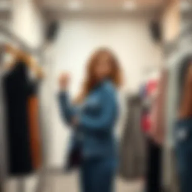 Woman Trying on Clothes A woman stands in a fitting room, holding different sizes of clothing, looking frustrated while trying to find the right fit for her bust, shoulders, and waist.