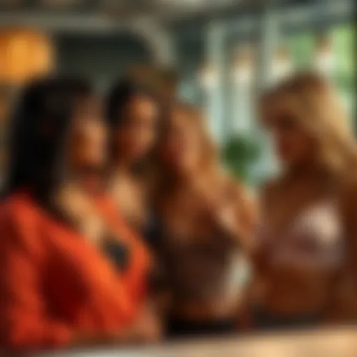 A group of women engaging in a conversation about breast sagging and body image concerns