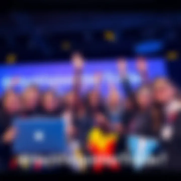 A group of diverse women celebrating their success in the crypto industry at the #HerVisionHerTrade event, surrounded by technology and prizes.