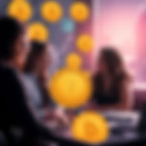 A group of women discussing Dogecoin investing, surrounded by Dogecoin logos and memes, showcasing engagement in a male-dominated space.
