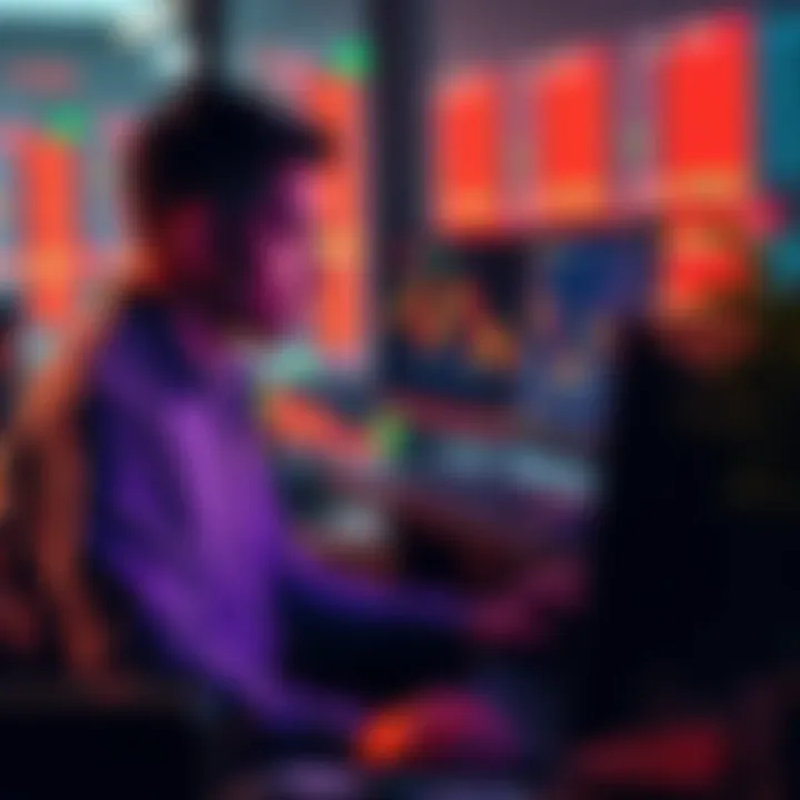 Worker looking at cryptocurrency charts An employee analyzing cryptocurrency trends on a computer, symbolizing the shift towards digital investments due to AI job threats.