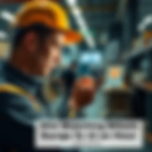 A worker in uniform glancing at a smartphone displaying a rising Bitcoin graph during a break at work