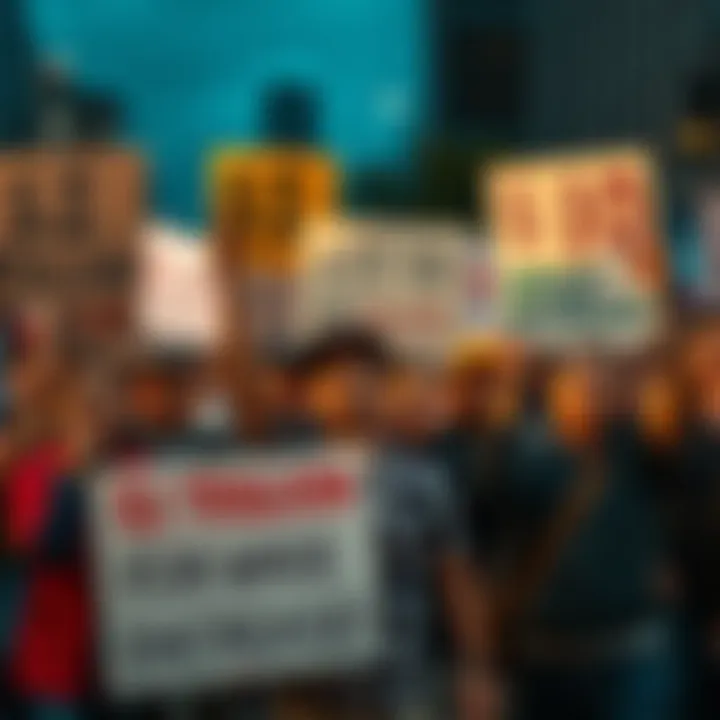 A diverse group of workers holding signs demanding a $1 trillion wage increase, expressing frustration over rising costs and inflation.