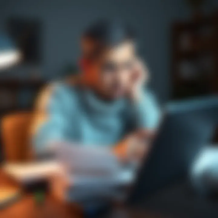 A person looks stressed while checking their bank account on a laptop, with a worried expression on their face. Documents are scattered around, indicating concern over a financial issue.