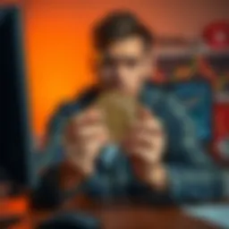 A person sitting at a desk with a worried expression, holding a Bitcoin. The background shows a computer screen with declining charts. Their hands show signs of stress.