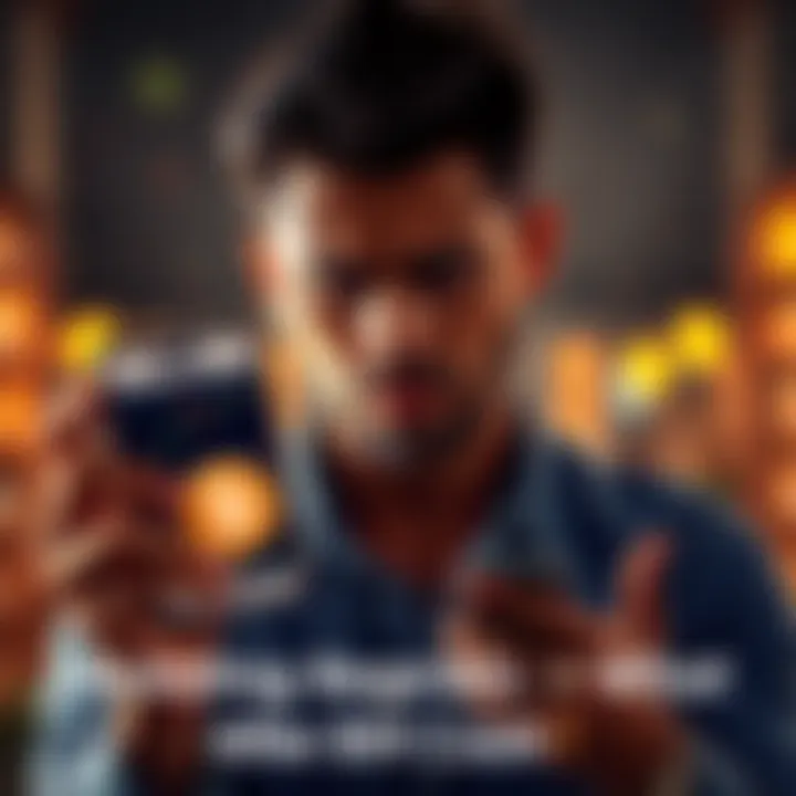 Individual with a concerned expression, holding a phone displaying a Bitcoin chart showing a drop in value