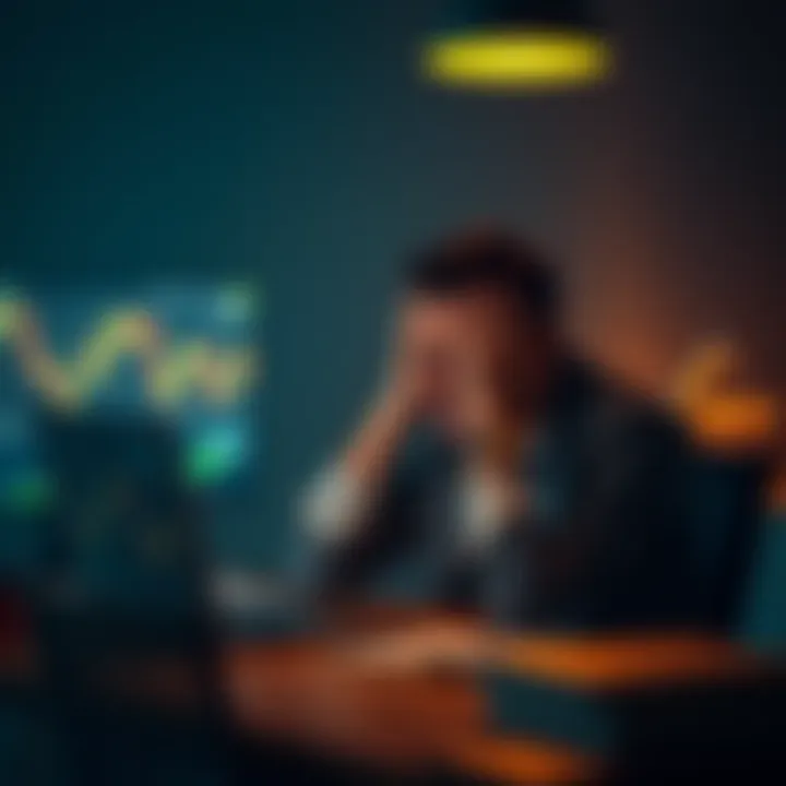 A person sits at a desk with a laptop open showing cryptocurrency graphs, looking anxious while holding their head in their hands, reflecting on their financial situation.
