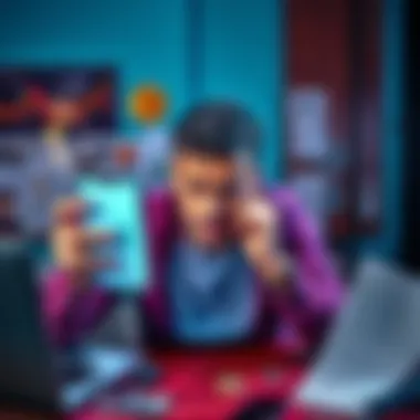 Person looking worried about Bitcoin investments A person with a worried expression, holding a smartphone displaying a Bitcoin chart, surrounded by financial documents and a laptop.