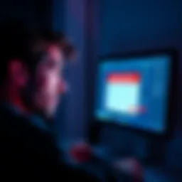 A person showing concern while looking at a computer with an account restriction notice on the screen