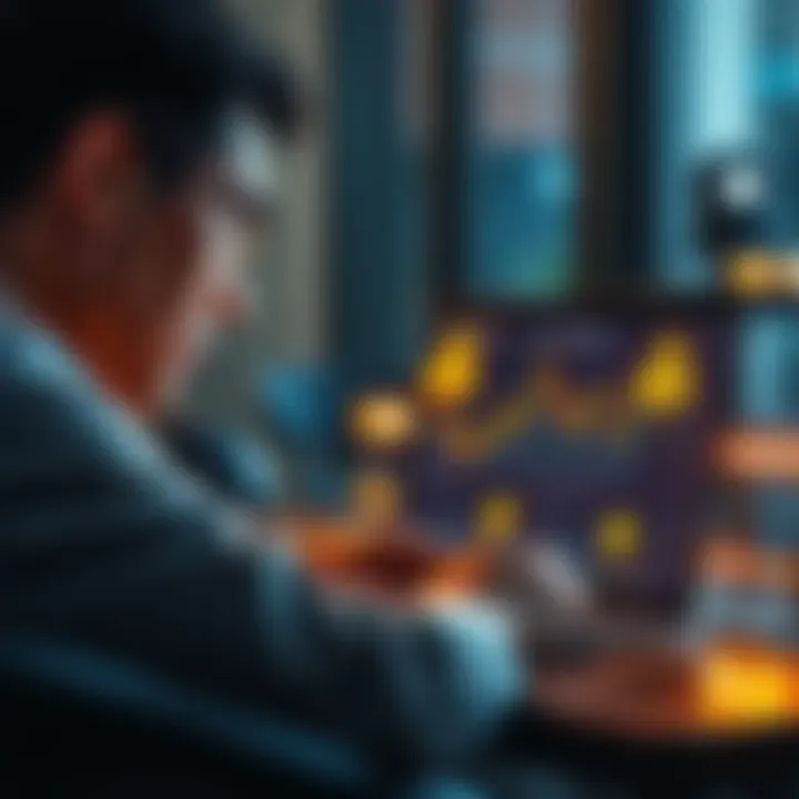 A concerned person looking at a laptop filled with crypto charts and warning signs, expressing worry about a loved one's investment risks.