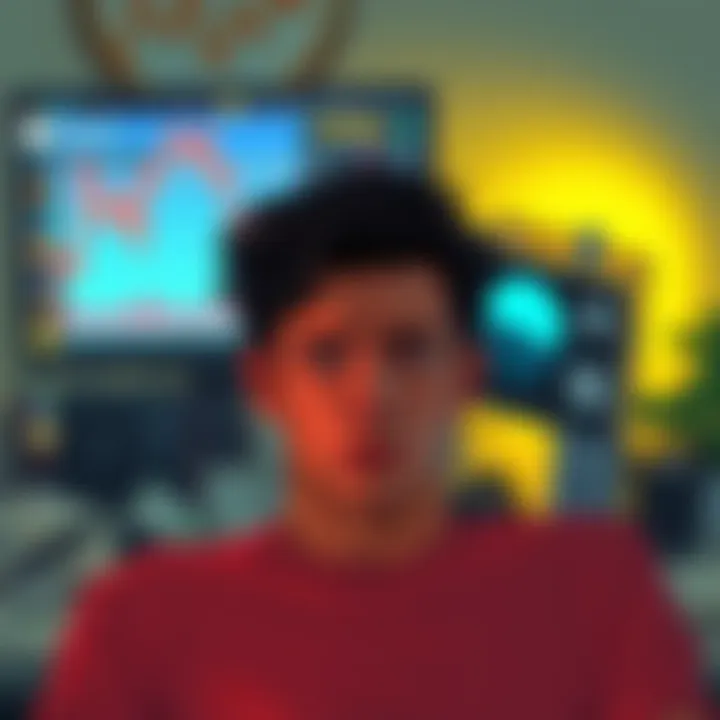 A person with a worried expression, staring at a computer screen showing a graph of falling cryptocurrency values. Papers and bills are scattered around them, indicating financial distress.