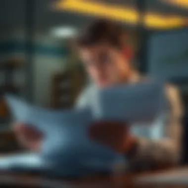 A person with a worried expression reviewing financial papers at a desk