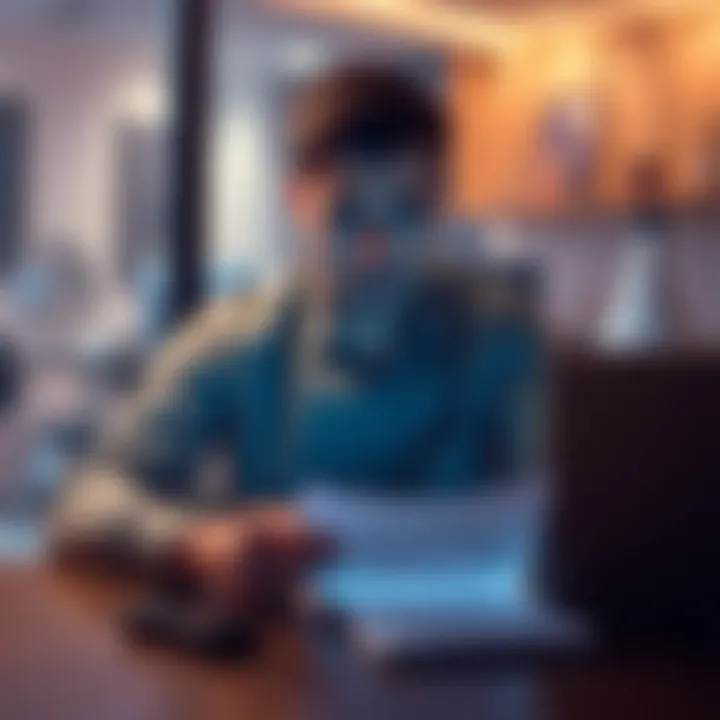 A concerned person sitting at a table with a laptop, reflecting on their closed bank account, holding paperwork, looking for options.