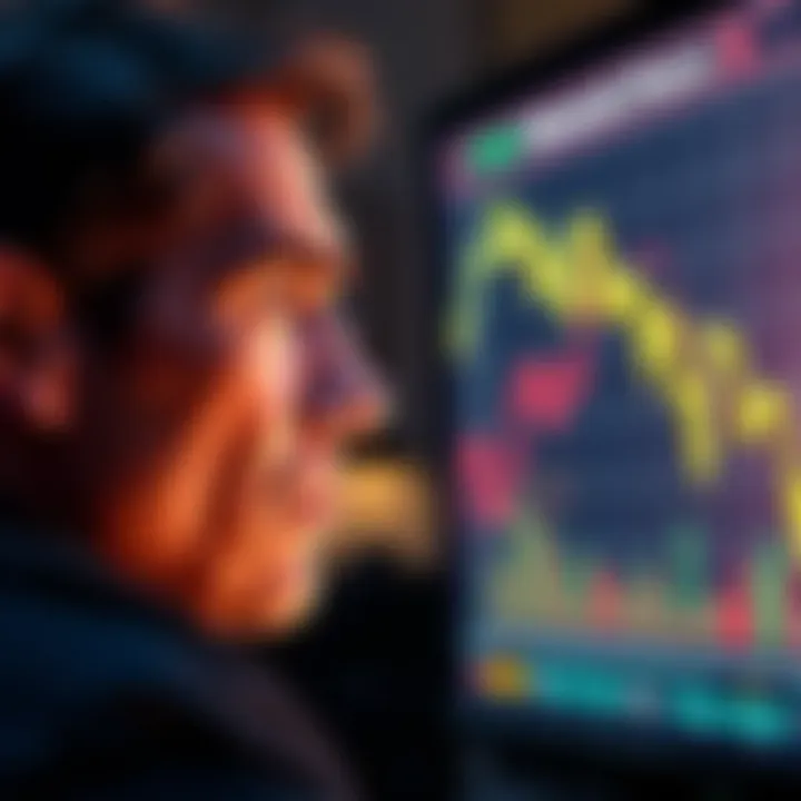 A person with a concerned expression staring at a screen showing a declining memecoin chart, symbolizing financial risk.