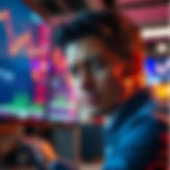 A concerned trader stares at a computer screen displaying falling stock prices, reflecting fears of a market decline.