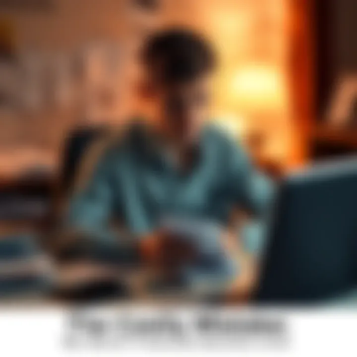 A person with a concerned expression sitting at a desk cluttered with bills and financial documents
