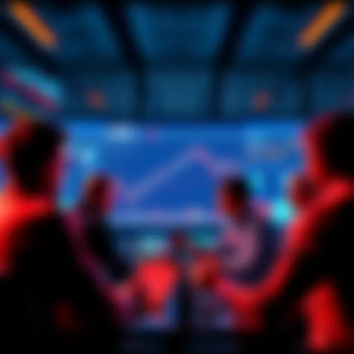 XCH Trading Discussion A group of people discussing trading strategies for XCH prices with charts and graphs on a screen