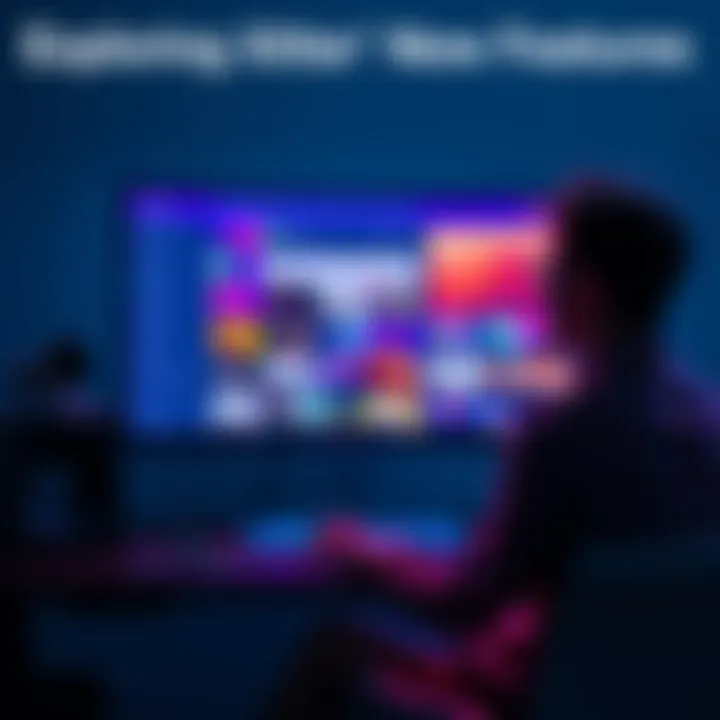 Exploring Xitter's New Features A person sitting at a computer screen with colorful Xitter interface and lively discussions displayed, showcasing vibrant online interactions.