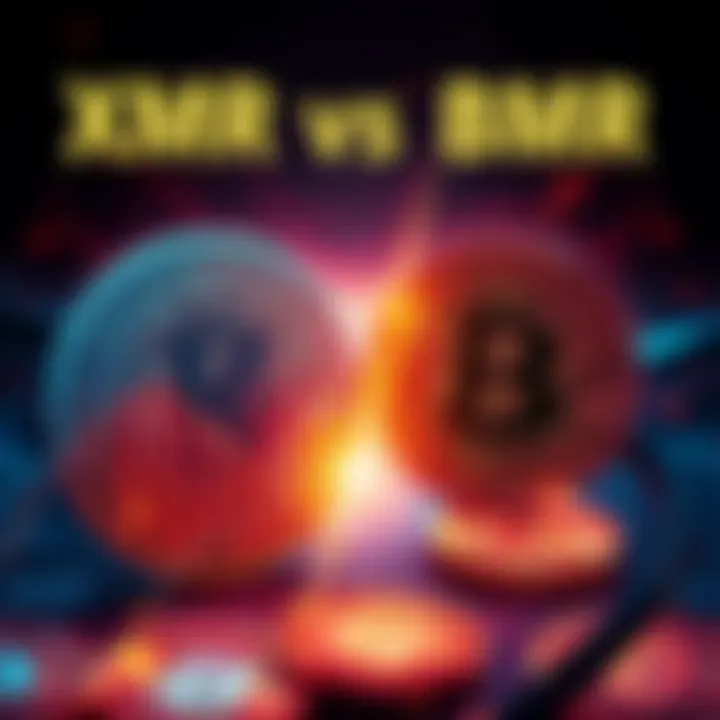 A comparison of XMR and BTC with a visual representation of secure transactions for XMR and risks associated with BTC purchases.