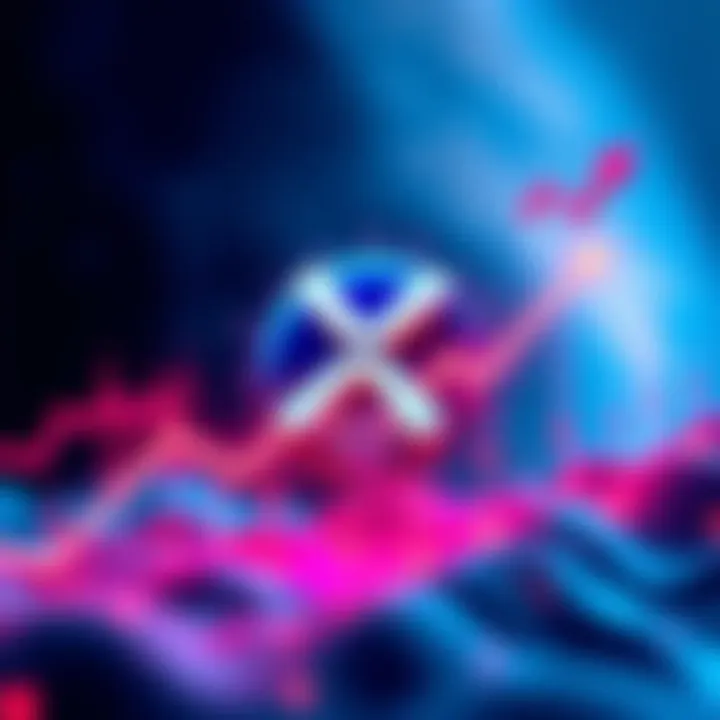 XRP cryptocurrency logo surrounded by rising trend lines and market symbols, signifying growth in 2025