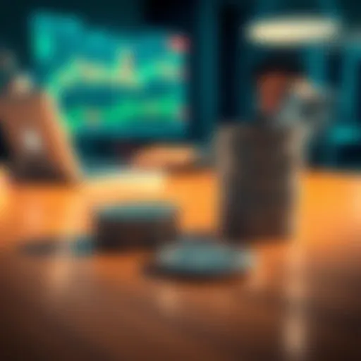 A close-up view of XRP coins stacked on a wooden table with a blurred background showing a worried person looking at charts on a laptop.