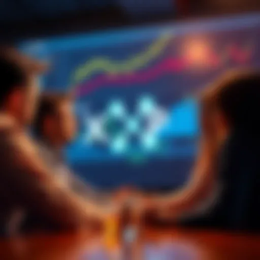A group of people discussing cryptocurrency opinions with charts and graphs related to XRP in the background.