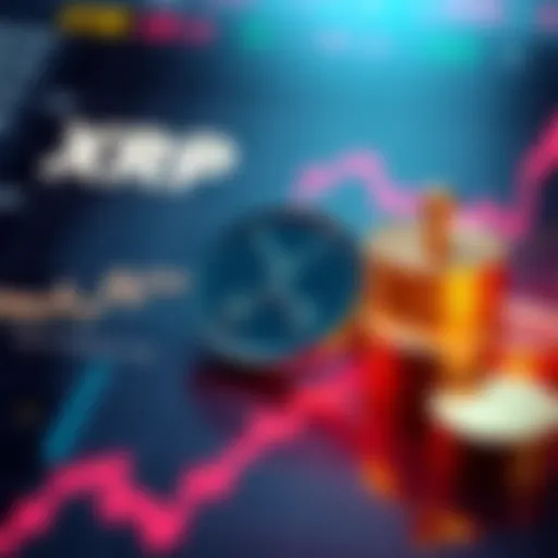 A financial chart showing the performance of XRP cryptocurrency with upward trends and digital currency symbols.