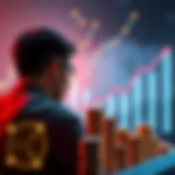 A person looking at a futuristic graph showing the rise of XRP investments, with stacks of coins in the foreground.