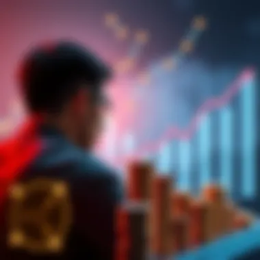 A person looking at a futuristic graph showing the rise of XRP investments, with stacks of coins in the foreground.