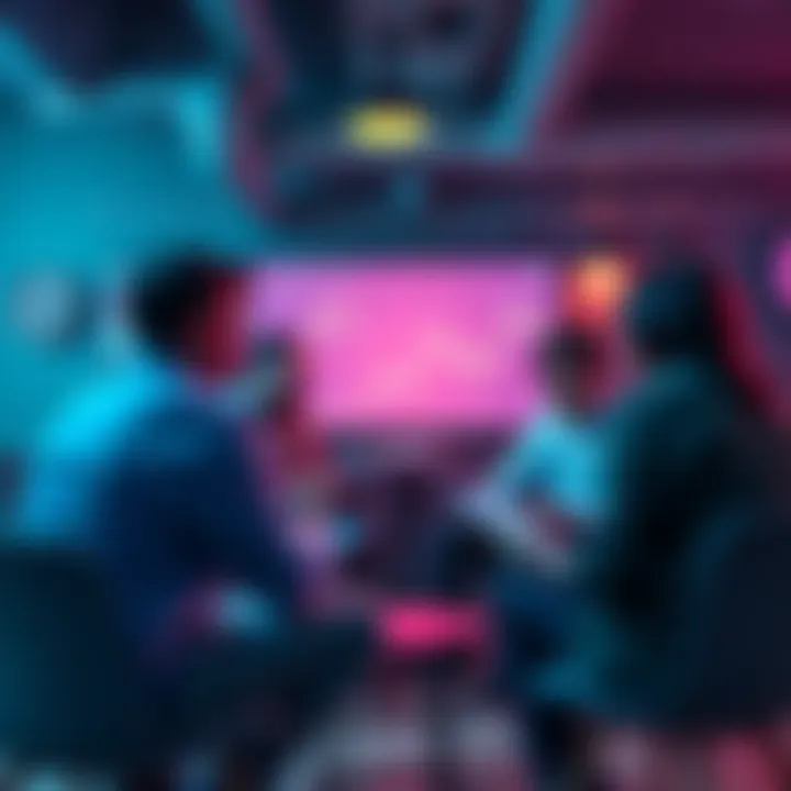 XRP Token Discussion A group of people discussing XRP cryptocurrency in a casual setting, with charts and digital devices visible.