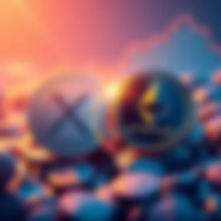 An illustration showing two coins, one representing XRP and the other representing Ethereum, with a graph indicating investment potential and risks.