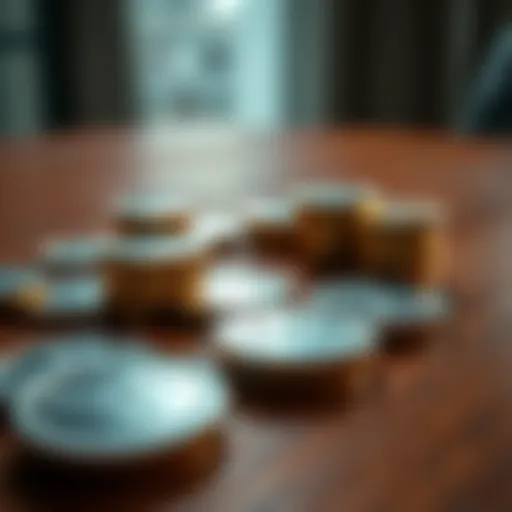 A close-up of XRP coins arranged on a wooden table, symbolizing investment decisions.