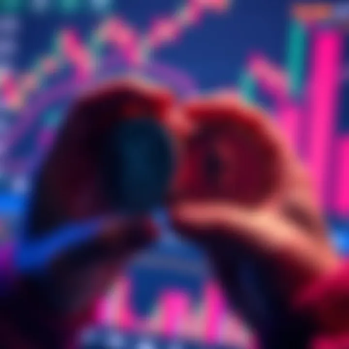 A person holding coins representing XRP and Ethereum with financial charts in the background.