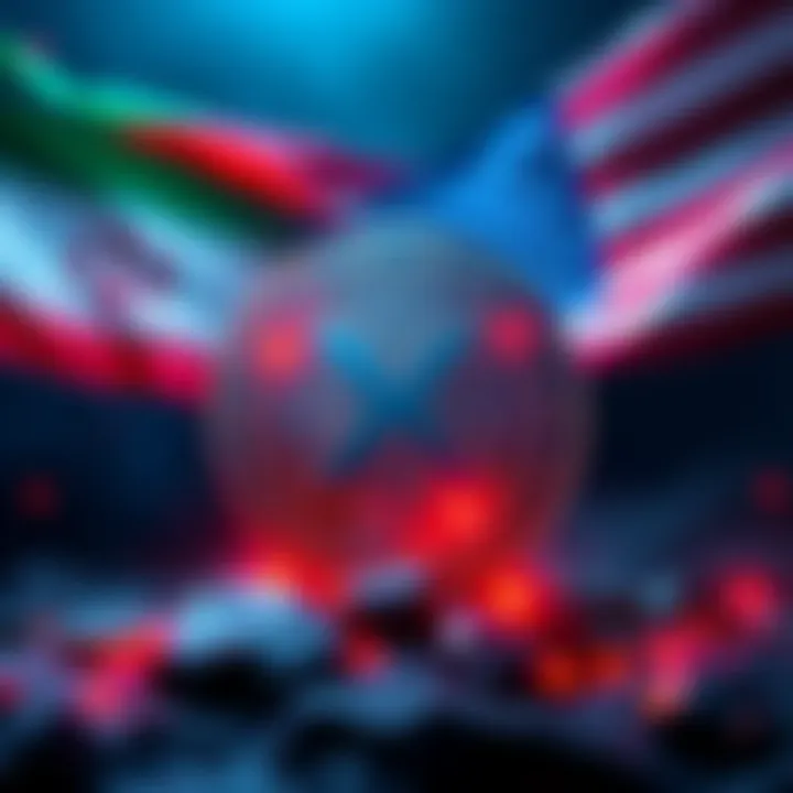 A graphic showing a digital representation of XRP currency with flags of Iran and the U.S. in the background, symbolizing geopolitical risks.