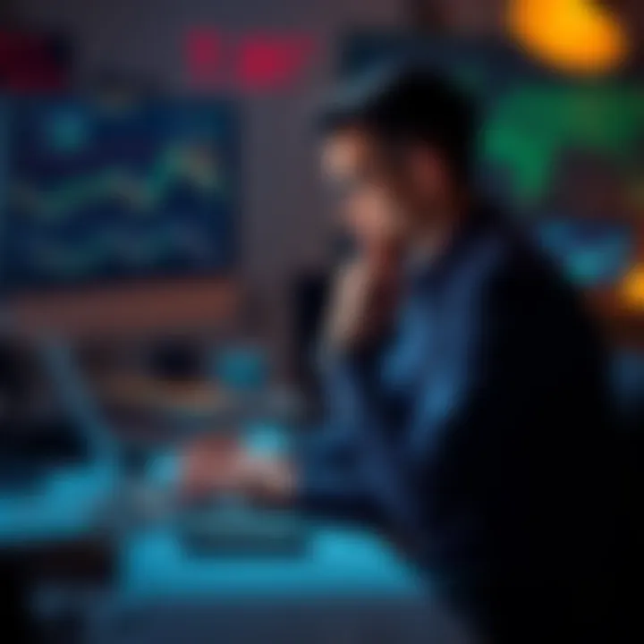 An individual sitting at a desk, looking thoughtfully at a laptop with financial charts displayed, representing the struggle of selling cryptocurrency investments