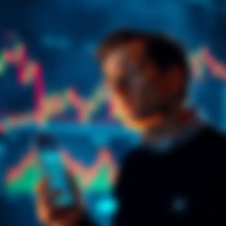 A person contemplating investing in XRP, with graphs showing market trends in the background and a smartphone displaying the Robinhood app.